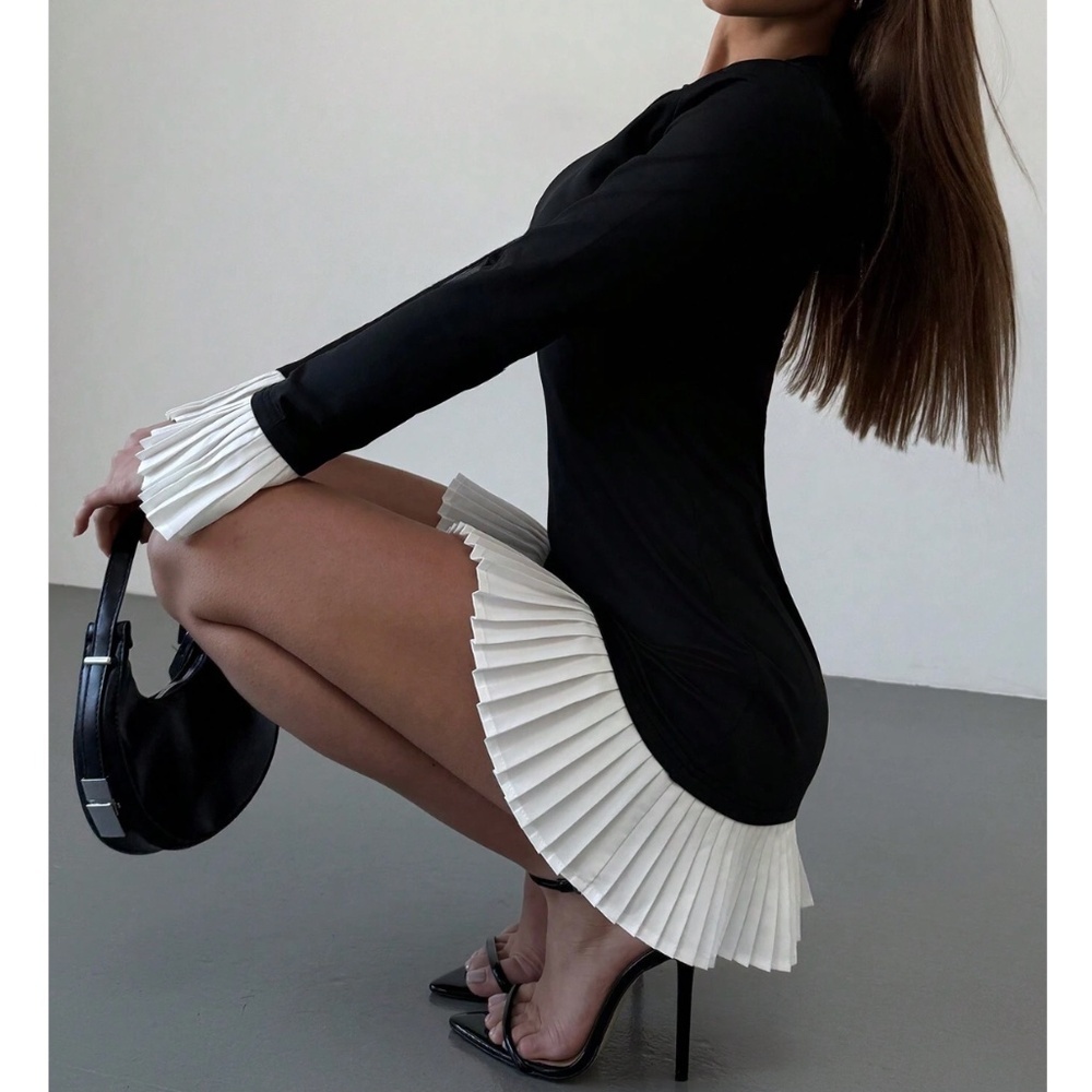 Short Black Dress White Skirt Cuff Pleated Trim Long Sleeve